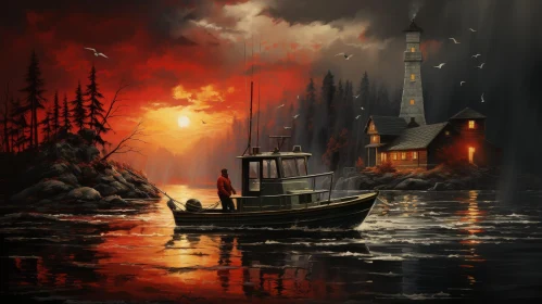 Tranquil Sunset Lake Boat Painting