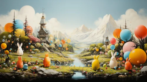 Whimsical Field Landscape with Balloons and Rabbit Homes