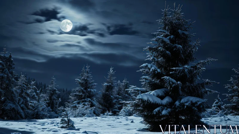 Winter Forest Night Landscape Photo - Serene Snow-covered Scene AI Image