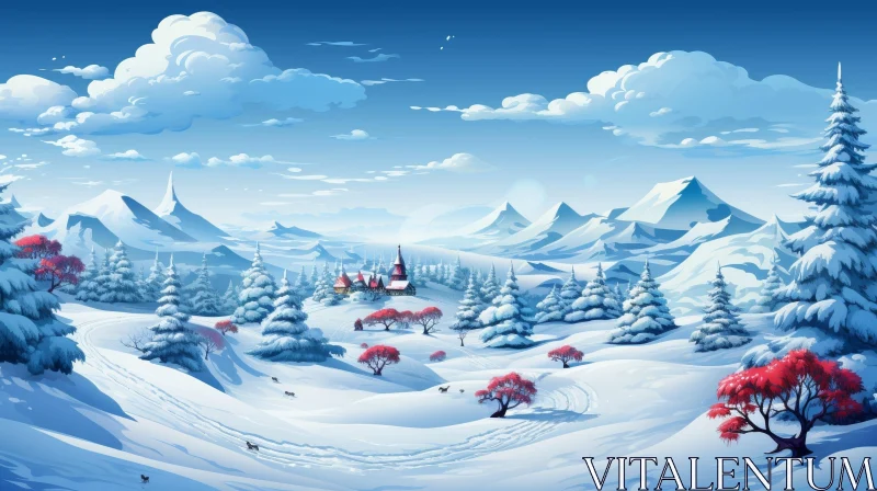 AI ART Winter Landscape: Serene Village in Snowy Forest