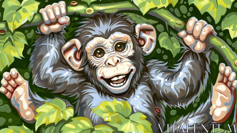 Young Chimpanzee Digital Painting - Nature Wildlife Illustration AI Image
