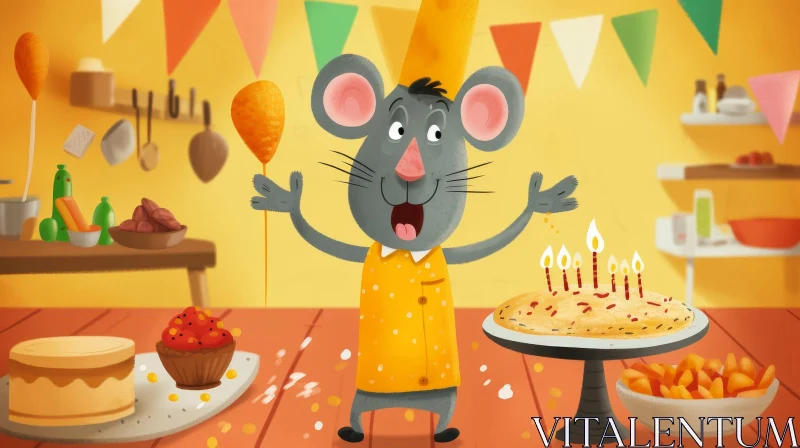 Cheerful Cartoon Mouse in Chef's Hat - Kitchen Party Scene AI Image