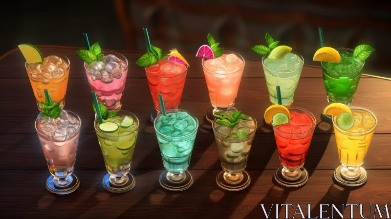 Colorful Cocktails with Fruit Slices on Wooden Table AI Image
