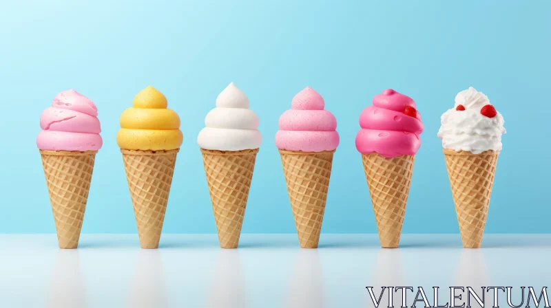 Colorful Ice Cream Cones on White Surface AI Image