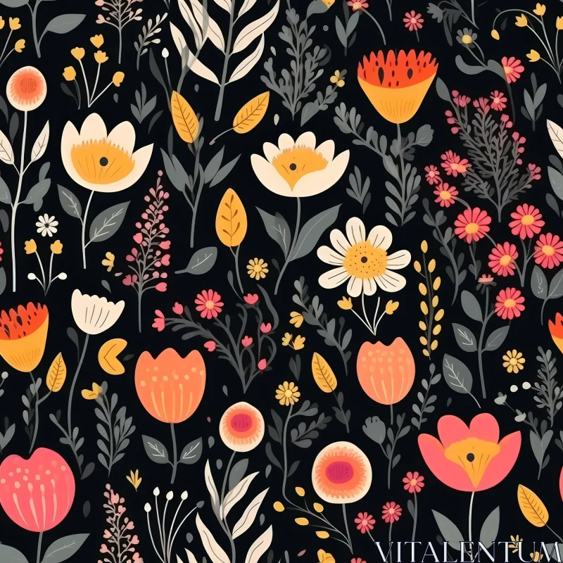 Dark Floral Pattern with Tulips, Daisies, and Roses AI Image