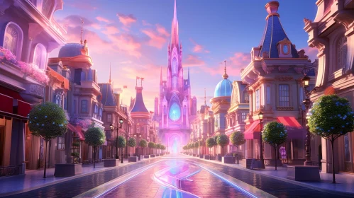 Enchanting Fantasy City Street with Pink Castle