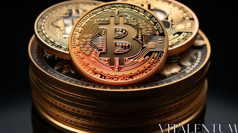 AI ART Gold Bitcoin Physical Coins Stack Close-up
