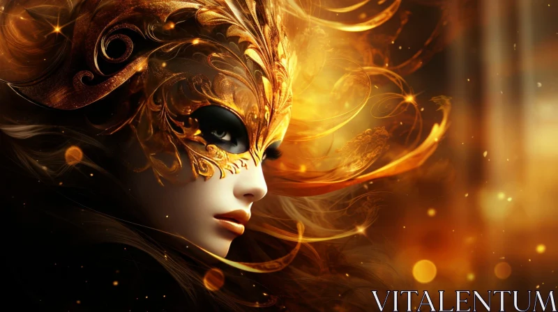 AI ART Golden Mask Portrait - Enigmatic Woman in Surreal Setting