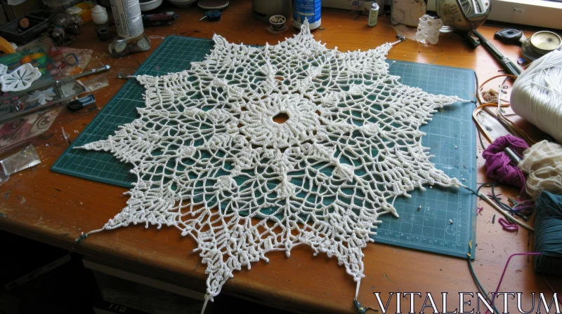 Handmade Crocheted Doily with Snowflake Pattern on Wooden Table AI Image
