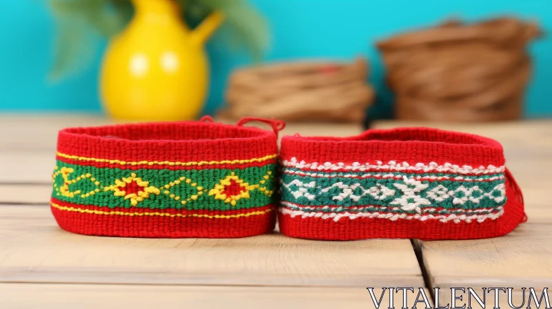 Handmade Red Woven Bracelets on Wooden Table AI Image