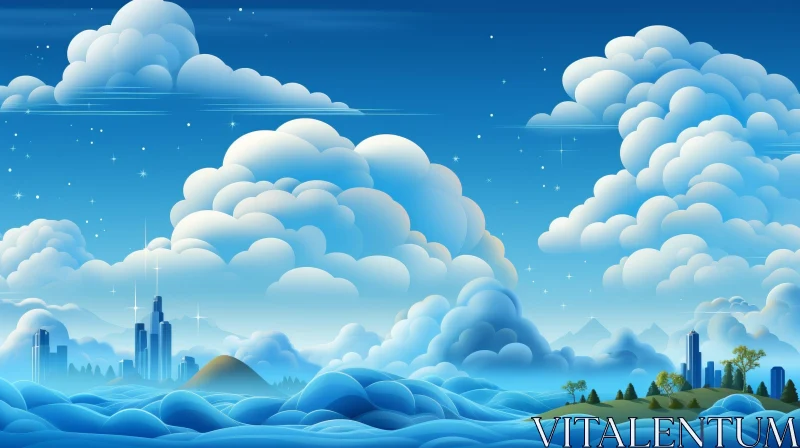 Peaceful Cartoon Landscape with City and Mountains AI Image