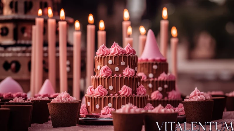 Pink Birthday Cake with Flowers and Cupcakes AI Image