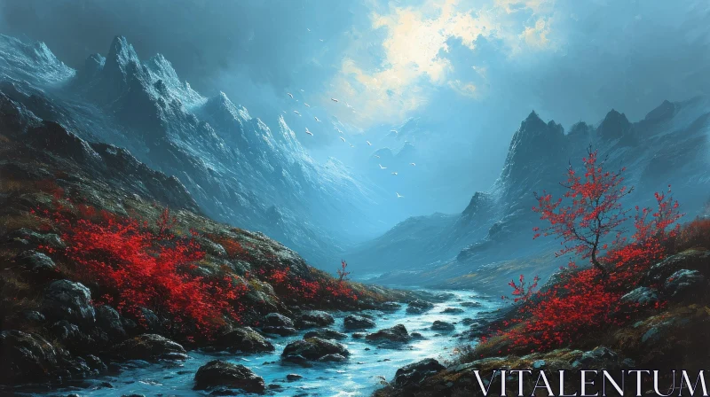 Serene Mountain Landscape: Captivating Nature Painting AI Image