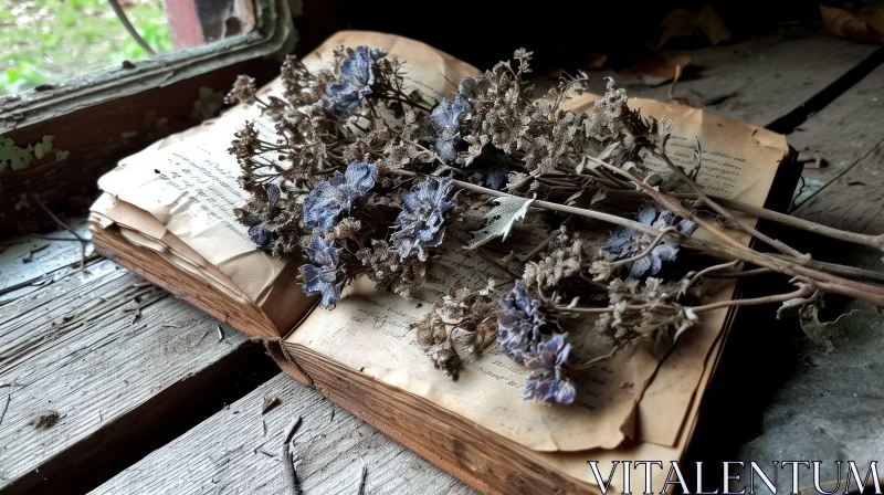Still Life Photography: Open Book with Dried Flowers on Wooden Surface AI Image