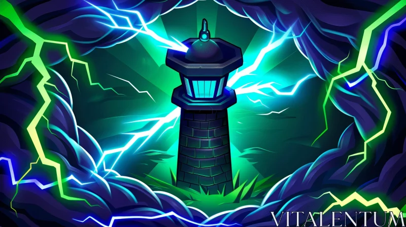 Stormy Night Lighthouse Scene with Determined Woman AI Image
