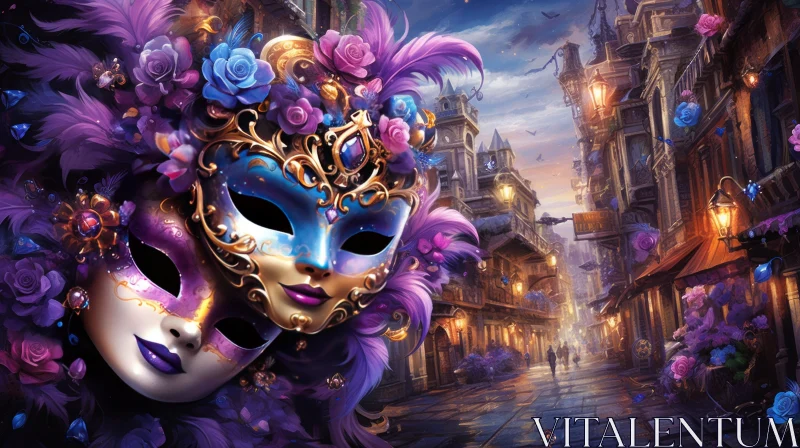 Venetian Carnival Masks in a Floral City Street AI Image