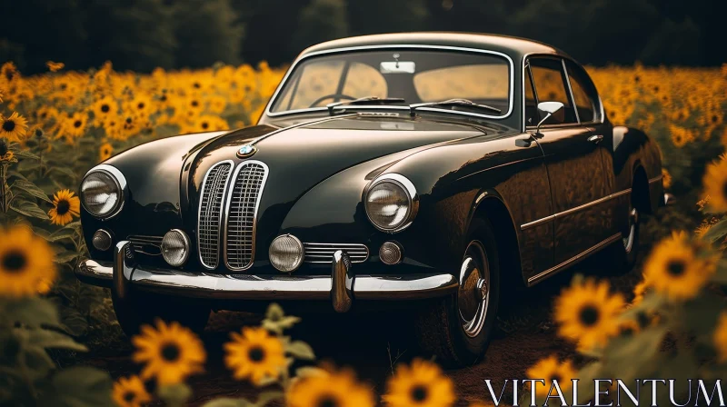 Vintage Black Car in Sunflower Field AI Image
