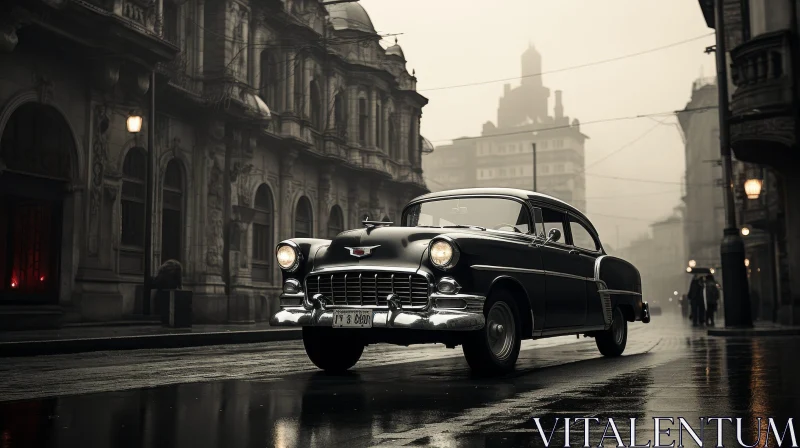 Vintage Car Driving on Wet City Street AI Image