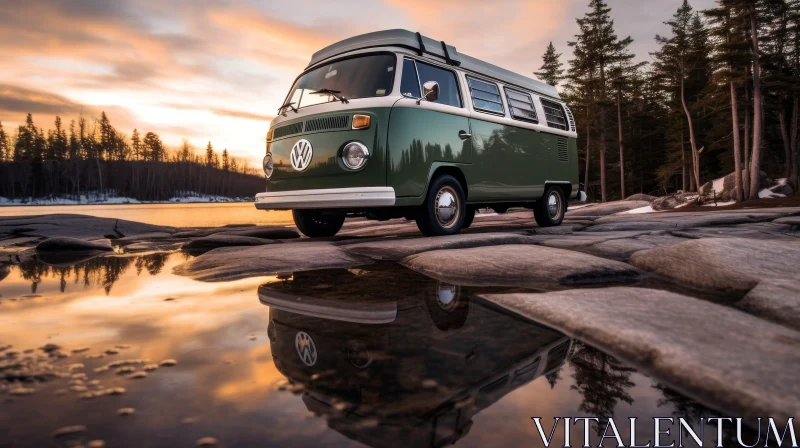 Vintage Volkswagen Type 2 Bus by the Lake at Sunset AI Image