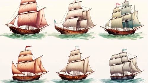 Vintage Wooden Sailing Ships at Sea