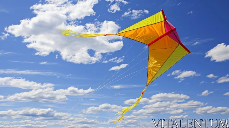 A Breathtaking Yellow Kite Flying High in the Blue Sky AI Image