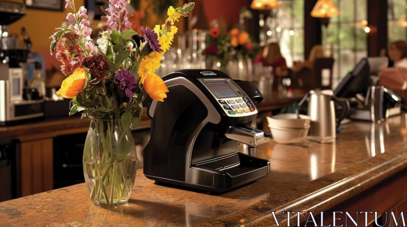 Black Electronic Device on Bar Counter with Flowers AI Image