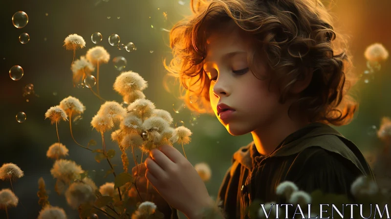 Child with Dandelion in Sunset Field AI Image