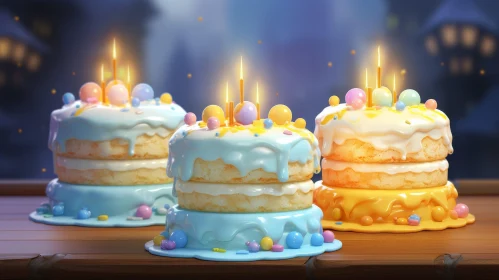 Colorful Birthday Cakes on Wooden Table