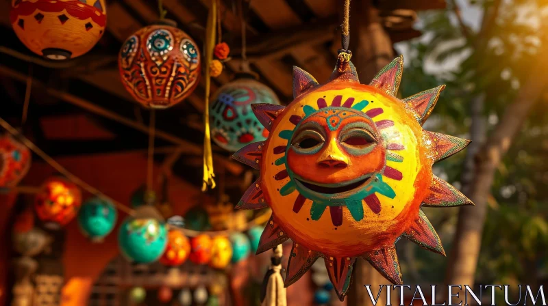 Colorful Sun-Shaped Ornament: A Close-Up of a Clay Artwork AI Image
