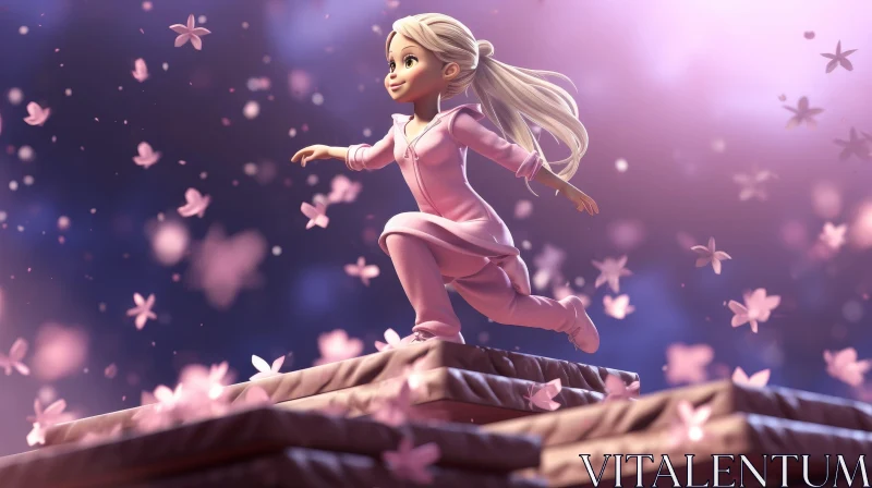 Cute Cartoon Girl Running on Pink Candy Roof AI Image