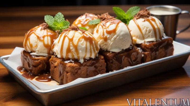 Delicious Bread Pudding with Vanilla Ice Cream and Caramel Sauce AI Image