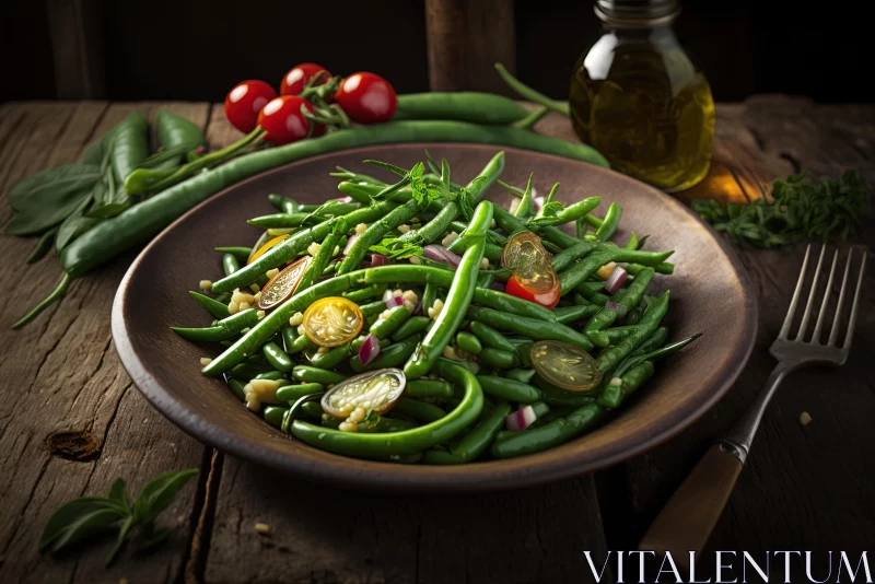Delicious Green Bean Dish with Tomatoes and Onions | Rustic and Lively Tableau AI Image