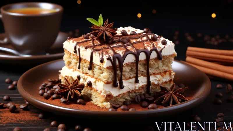 Delicious Tiramisu Cake Slice on Brown Plate AI Image