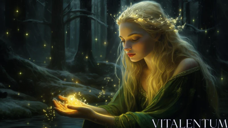Enchanting Fantasy Image of Woman in Forest with Golden Crown AI Image