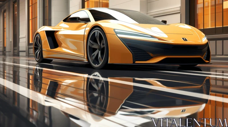 Futuristic Yellow Sports Car on Wet City Street AI Image