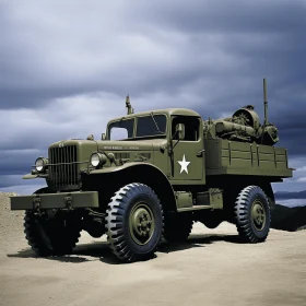 Iconic American Military Truck on Sand: Bold and Powerful Image