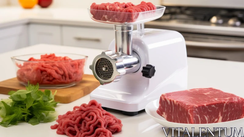 Kitchen Scene: Meat Grinder and Raw Beef AI Image