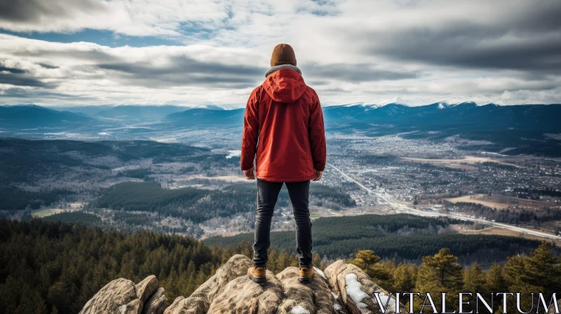 Majestic Mountain View: Man in Red Jacket Overlooking Valley AI Image