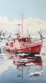 Pink Boat on Frozen Lake Painting