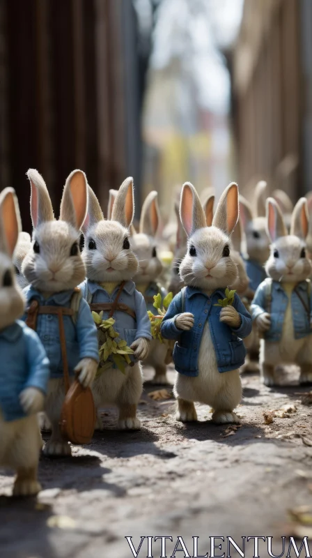 Toy Rabbits on a Stroll: A Celebration of Nature in Detail AI Image