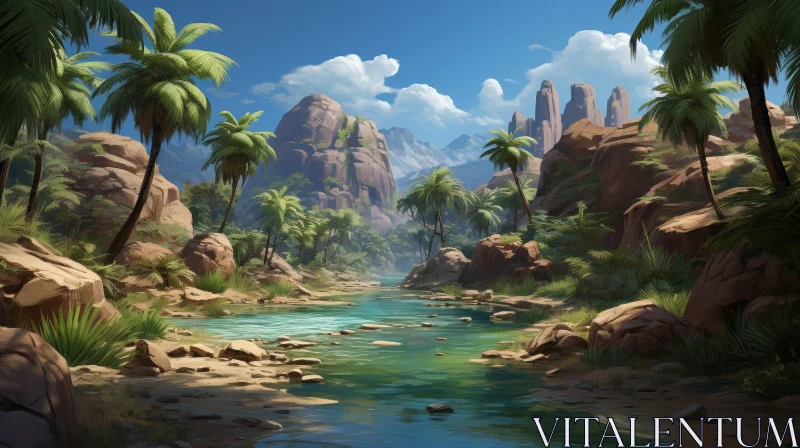Tranquil Desert Oasis Landscape with River and Palm Trees AI Image