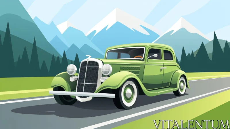 Vintage Green Car Illustration in Mountain Landscape AI Image