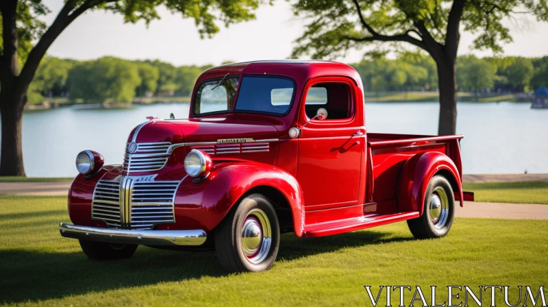 Vintage Red Truck Parked by the Lake - Classic Elegance and Kinetic Lines AI Image