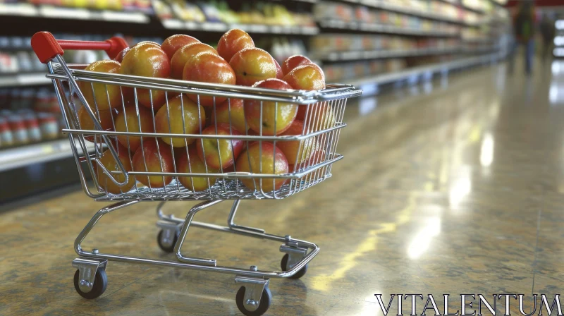 Vivid Shopping Experience: Red Apples in a Metal Cart at the Supermarket AI Image