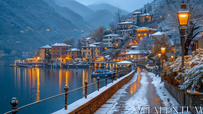 Winter Town Landscape by Frozen Lake AI Image