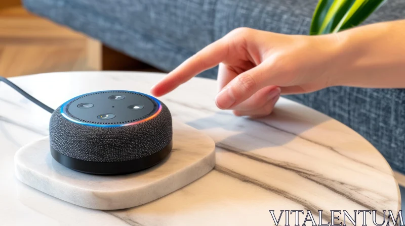 Close-Up of Finger Pressing Smart Speaker on Marble Table AI Image