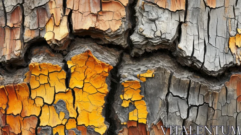 Close-Up Tree Bark with Peeling Yellow-Orange Paint AI Image