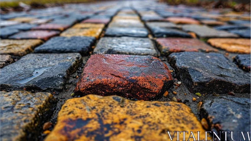 Close-Up View of Wet and Glistening Cobblestone Street AI Image