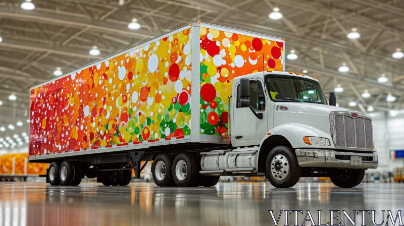 Colorful Trailer on White Semi-Truck in Warehouse | Abstract Art AI Image
