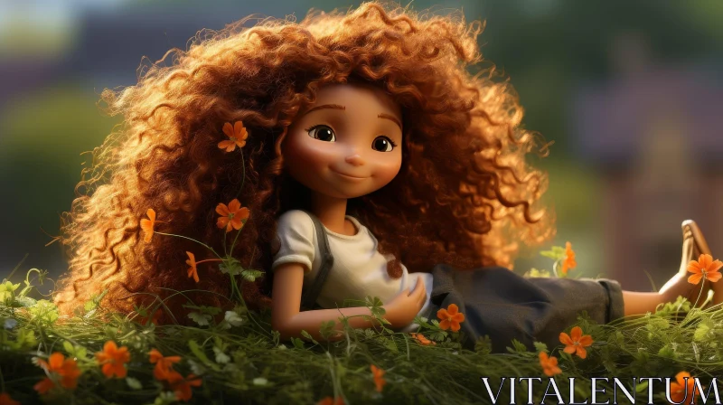 Curly Red-Haired Girl in Flower Field AI Image